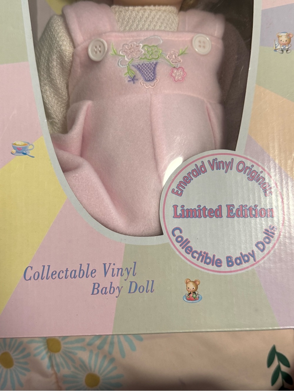 Pink Collectible Vinyl Baby Doll in Pink Overalls - Picture 2 of 3